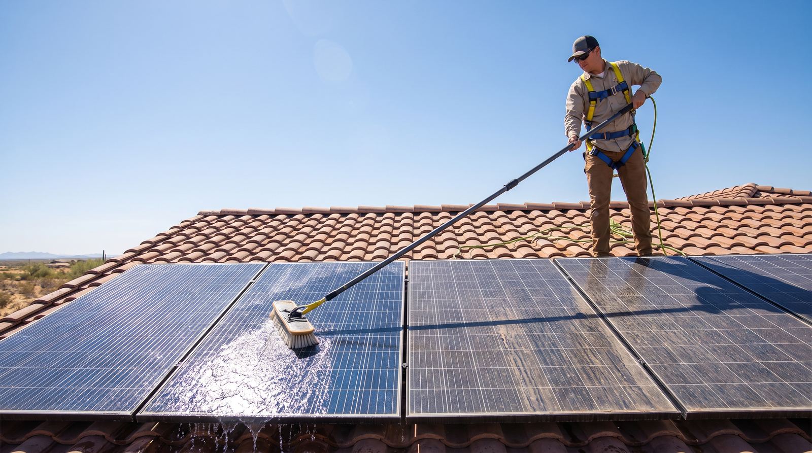 Technician cleaning solar panels with purified water